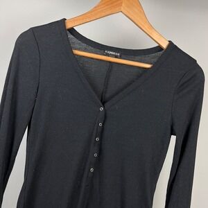 Express Rib Knit Henley Top Womens S Black Long Sleeve Snap Collar Grunge